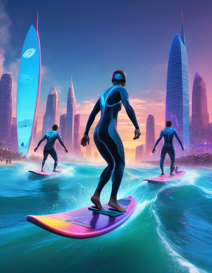 A dynamic scene featuring diverse extreme sports enthusiasts surfing on virtual waves in a futuristic digital ocean environment. Include elements like vibrant holographic surfing boards, cheering avatars, and a panoramic city skyline in the background. Capture the excitement and sense of community in digital realms, with bright blues and vivid neon colors. super-realistic. vibrant colors. 3D.