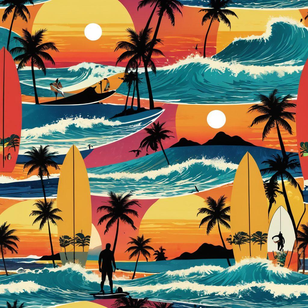 A dynamic collage that juxtaposes classic surf culture elements like vintage surfboards and surfers riding waves with modern technology like Wi-Fi signals and digital screens. The background should feature a vibrant beach scene with crashing waves, while icons representing internet connectivity blend seamlessly into the surfboard designs. Include elements like palm trees and the sun setting in the distance for a nostalgic touch. vibrant colors. super-realistic.