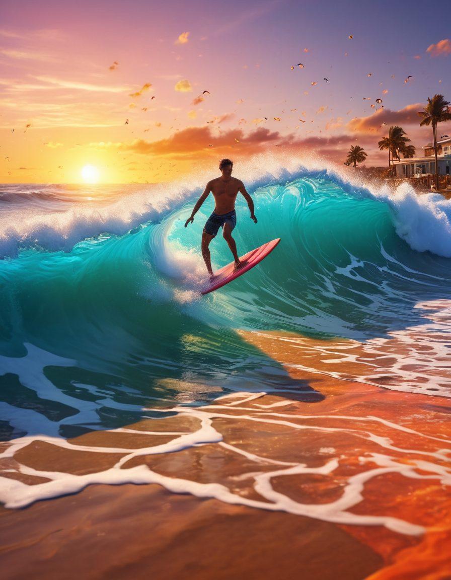 A dynamic surfer riding a vibrant, digital wave made of pixelated water, intertwining symbols of technology like smartphones and drones in the foam. The background showcases a bright beach scene with enthusiastic people capturing the moment on social media. A stunning sunset enhances the atmosphere. super-realistic. vibrant colors. 3D.